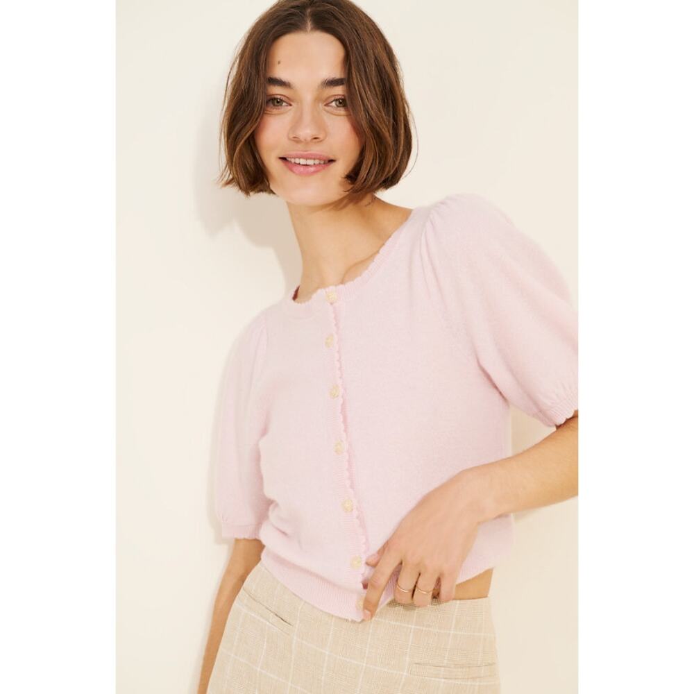 Maeve Puff-Sleeve Cashmere Cardigan Sweater XL Baby Pink Romance Spring Coquette